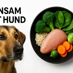 En hund tittar nyfiket på en skål med skonsam kost: kyckling, ris, broccoli, spenat och morötter.