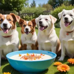Four happy dogs sit in a garden around a blue bowl of creamy food topped with orange flakes.