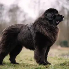 En ståtlig, mörkbrun Newfoundlandshundvalp står i profil på ett gräsigt fält.