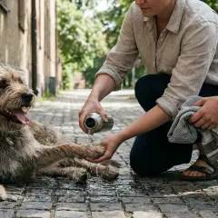 En person häller vatten på en gammal hund som flåsar på en kullerstensgata. Hunden ser trött ut men uppskattar svalkan.