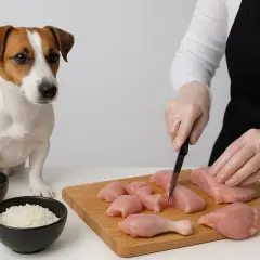 En Jack Russell terrier tittar på när kyckling skärs upp för att koka kyckling till hund. Bredvid finns skålar med ris och grönsaker.