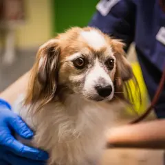 En veterinär med blå handskar håller en orolig hund. Hunden ser ut att må dåligt, kanske har en hund spyr gult.