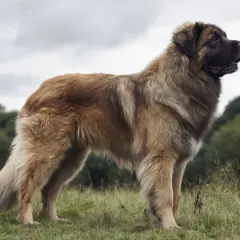 En ståtlig leonberger valp står i gräset med skogen i bakgrunden.
