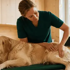 Veterinär undersöker en golden retriever. Gabapentin hund kan hjälpa vid smärta.