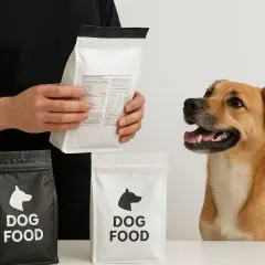 En glad hund tittar på en person som håller upp en påse hundfoder. Två påsar med "DOG FOOD" står på bordet, redo för en ren naturlig hund dosering.