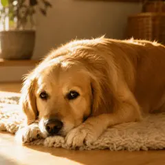 En golden retriever vilar på en matta i solljus. Hunden ser lite trött ut, kanske på grund av leversjukdom hos hund.