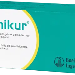 Canikur-förpackning med tuggtabletter för hundar med akut diarré. Innehåller druvsocker.