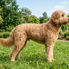 En vuxen labradoodle mini står stolt i en grönskande trädgård.