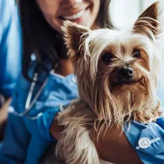 En söt yorkshireterrier undersöks av en veterinär. Hunden ser lite orolig ut, kanske har den ont i svansen.