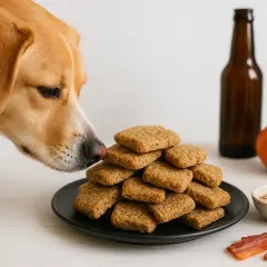 En hund nosar på en hög med hundkakor. Bredvid finns en liten pumpa, en flaska och lite bacon.