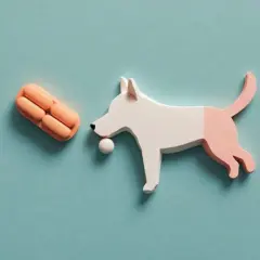 En vit och rosa hundfigur med en boll i munnen närmar sig en stapel orange tabletter, som representerar prednicortone hund.