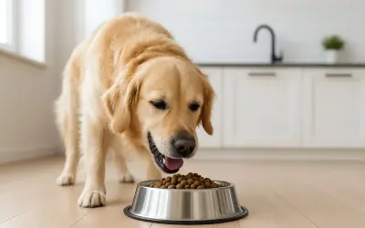 En golden retriever äter ur en matskål. Det är viktigt att veta vilka tider ska hunden ha mat för en balanserad kost.