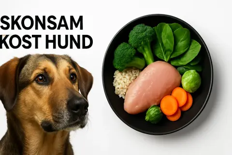 En hund tittar nyfiket på en skål med skonsam kost: kyckling, ris, broccoli, spenat och morötter.
