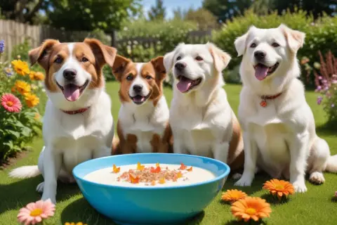 Four happy dogs sit in a garden around a blue bowl of creamy food topped with orange flakes.