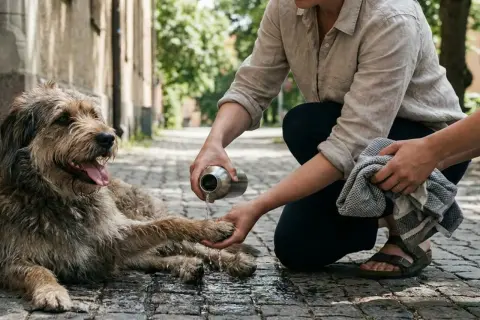 En person häller vatten på en gammal hund som flåsar på en kullerstensgata. Hunden ser trött ut men uppskattar svalkan.