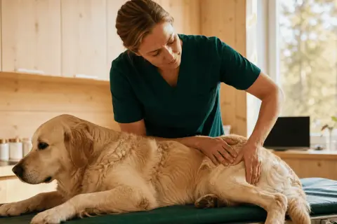 Veterinär undersöker en golden retriever. Gabapentin hund kan hjälpa vid smärta.