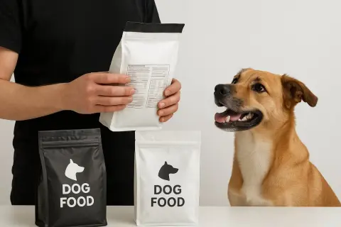 En glad hund tittar på en person som håller upp en påse hundfoder. Två påsar med "DOG FOOD" står på bordet, redo för en ren naturlig hund dosering.