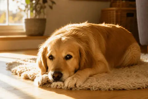 En golden retriever vilar på en matta i solljus. Hunden ser lite trött ut, kanske på grund av leversjukdom hos hund.