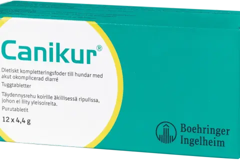 Canikur-förpackning med tuggtabletter för hundar med akut diarré. Innehåller druvsocker.