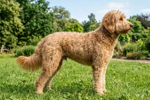 En vuxen labradoodle mini står stolt i en grönskande trädgård.