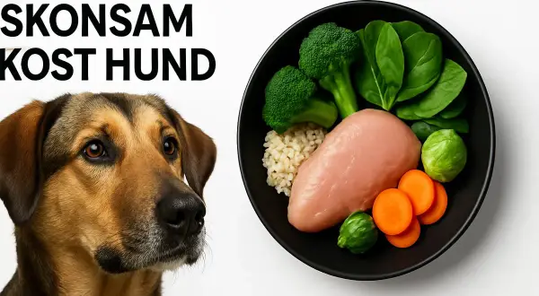 En hund tittar nyfiket på en skål med skonsam kost: kyckling, ris, broccoli, spenat och morötter.