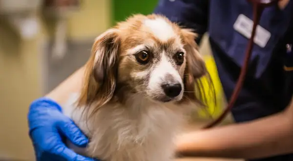 En liten hund med orolig blick, en veterinär med blå handskar håller den. Valpen spyr, men ser ändå söt ut.
