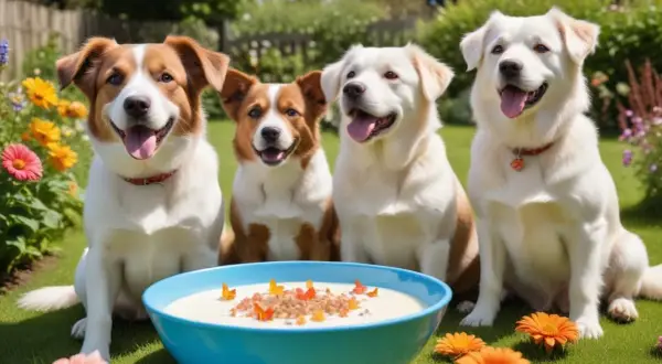 Four happy dogs sit in a garden around a blue bowl of creamy food topped with orange flakes.