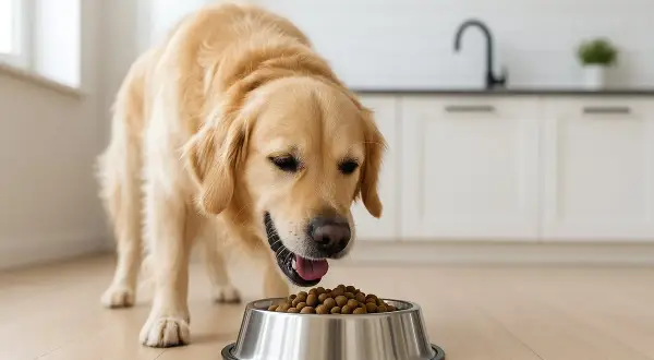 En golden retriever äter ur en matskål. Det är viktigt att veta vilka tider ska hunden ha mat för en balanserad kost.