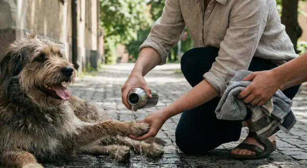 En person häller vatten på en gammal hund som flåsar på en kullerstensgata. Hunden ser trött ut men uppskattar svalkan.