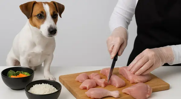 En Jack Russell terrier tittar på när kyckling skärs upp för att koka kyckling till hund. Bredvid finns skålar med ris och grönsaker.