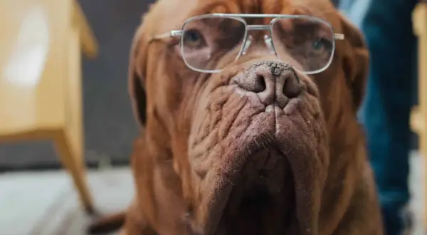 En klok senior hund med glasögon, redo att dela med sig av livets visdom.