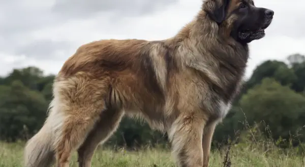 En ståtlig leonberger valp står i gräset med skogen i bakgrunden.