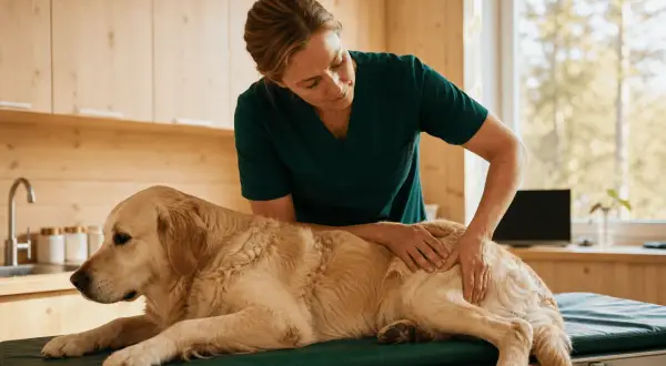 Veterinär undersöker en golden retriever. Gabapentin hund kan hjälpa vid smärta.