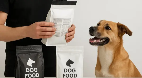En glad hund tittar på en person som håller upp en påse hundfoder. Två påsar med "DOG FOOD" står på bordet, redo för en ren naturlig hund dosering.