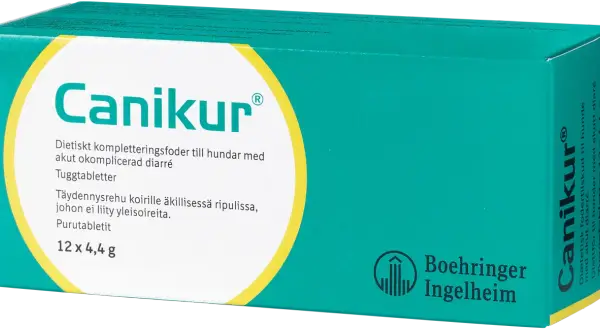Canikur-förpackning med tuggtabletter för hundar med akut diarré. Innehåller druvsocker.