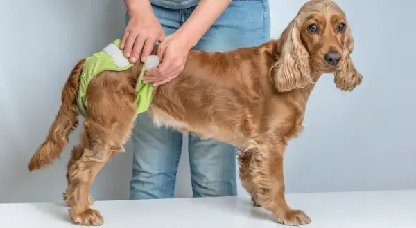 En person tar på en ljusgrön blöja på en brun cocker spaniel. Hunden verkar ha vaginit.