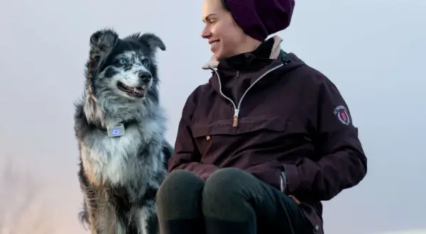 En kvinna ler mot sin border collie med blå ögon. Hunden bär ett halsband med en lysande blå enhet.
