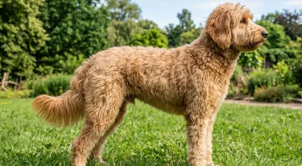En vuxen labradoodle mini står stolt i en grönskande trädgård.