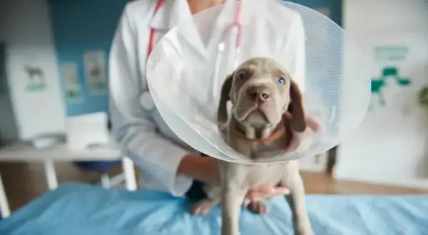 En söt valp med krage, en av nackdelar med kastrering av hanhund. Veterinären håller valpen.