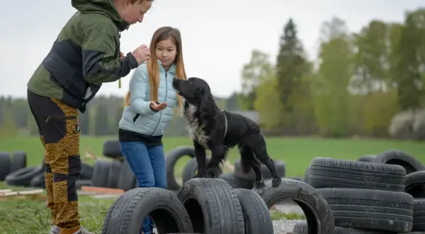 En kvinna och en flicka leker med en svart hundvalp bland gamla däck utomhus.