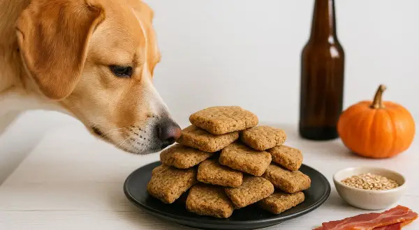 En hund nosar på en hög med hundkakor. Bredvid finns en liten pumpa, en flaska och lite bacon.
