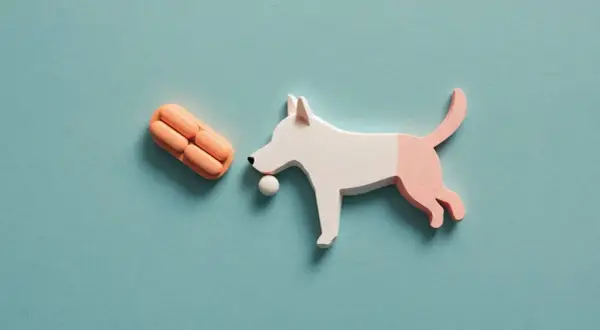 En vit och rosa hundfigur med en boll i munnen närmar sig en stapel orange tabletter, som representerar prednicortone hund.