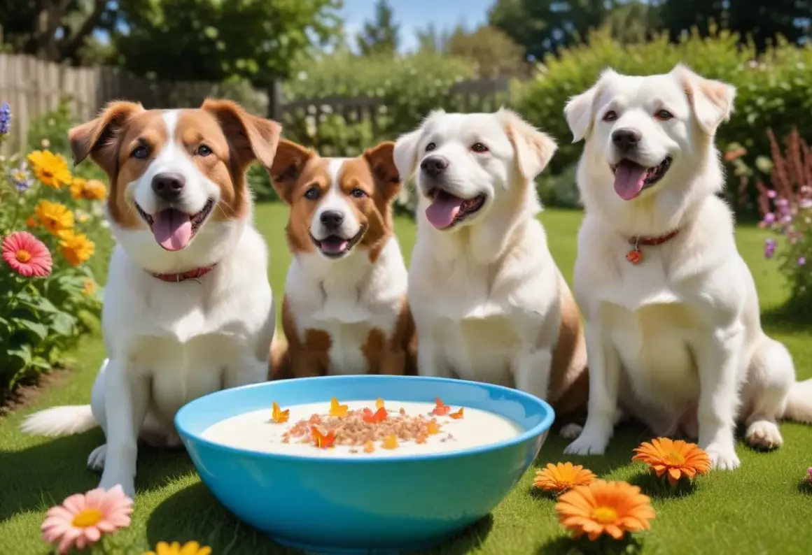 Four happy dogs sit in a garden around a blue bowl of creamy food topped with orange flakes.