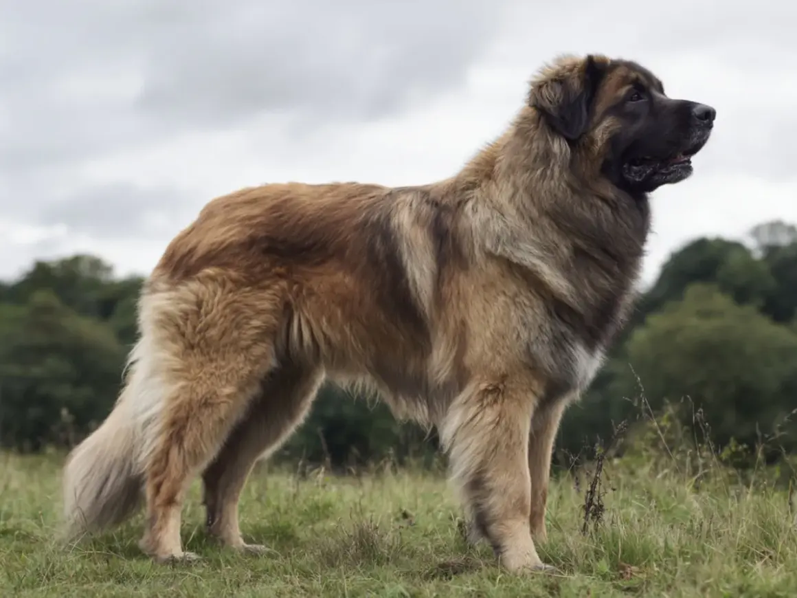 En ståtlig leonberger valp står i gräset med skogen i bakgrunden.