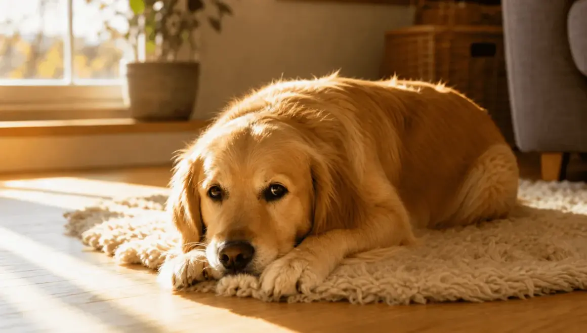 En golden retriever vilar på en matta i solljus. Hunden ser lite trött ut, kanske på grund av leversjukdom hos hund.