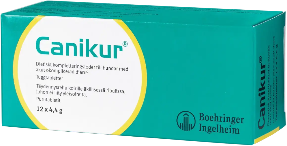 Canikur-förpackning med tuggtabletter för hundar med akut diarré. Innehåller druvsocker.