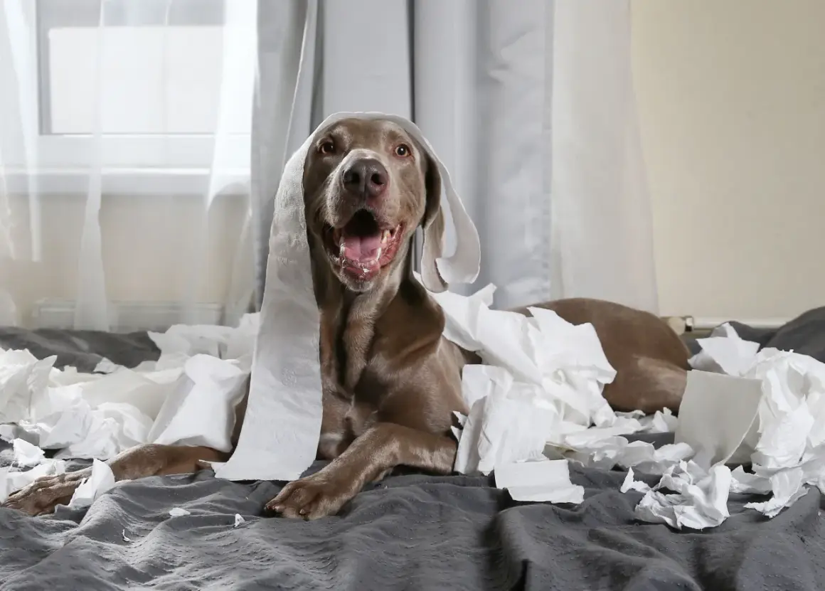 En Weimaraner-valp med diarre har rullat sig i toalettpapper och ser lite skyldig ut.