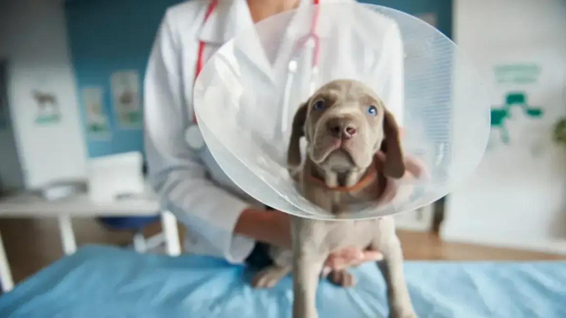 En söt valp med krage, en av nackdelar med kastrering av hanhund. Veterinären håller valpen.