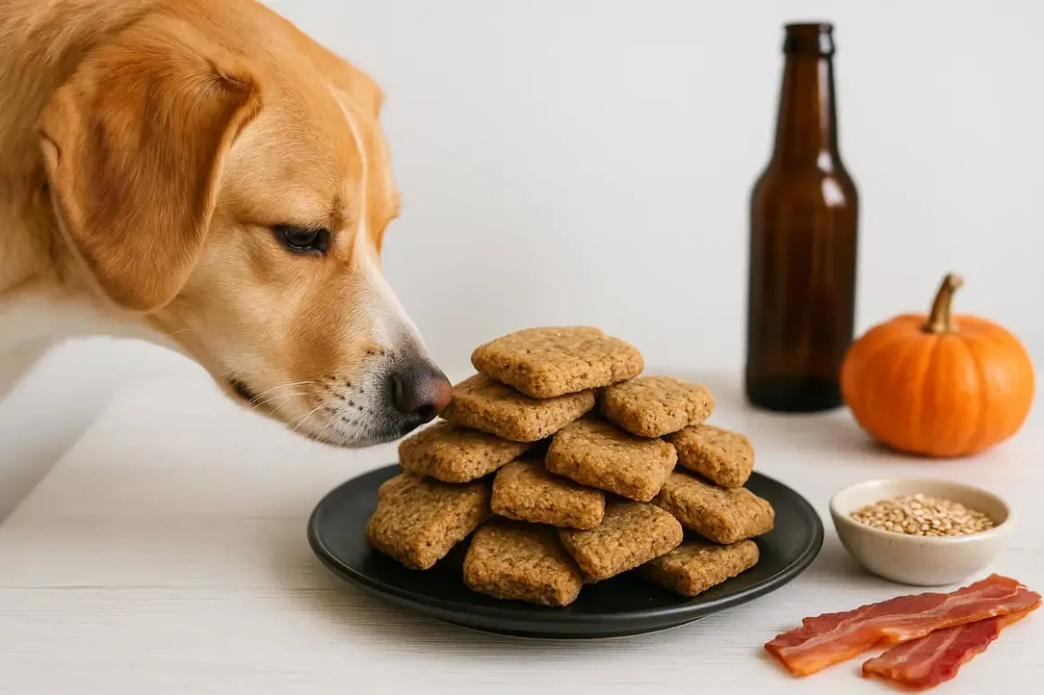 En hund nosar på en hög med hundkakor. Bredvid finns en liten pumpa, en flaska och lite bacon.