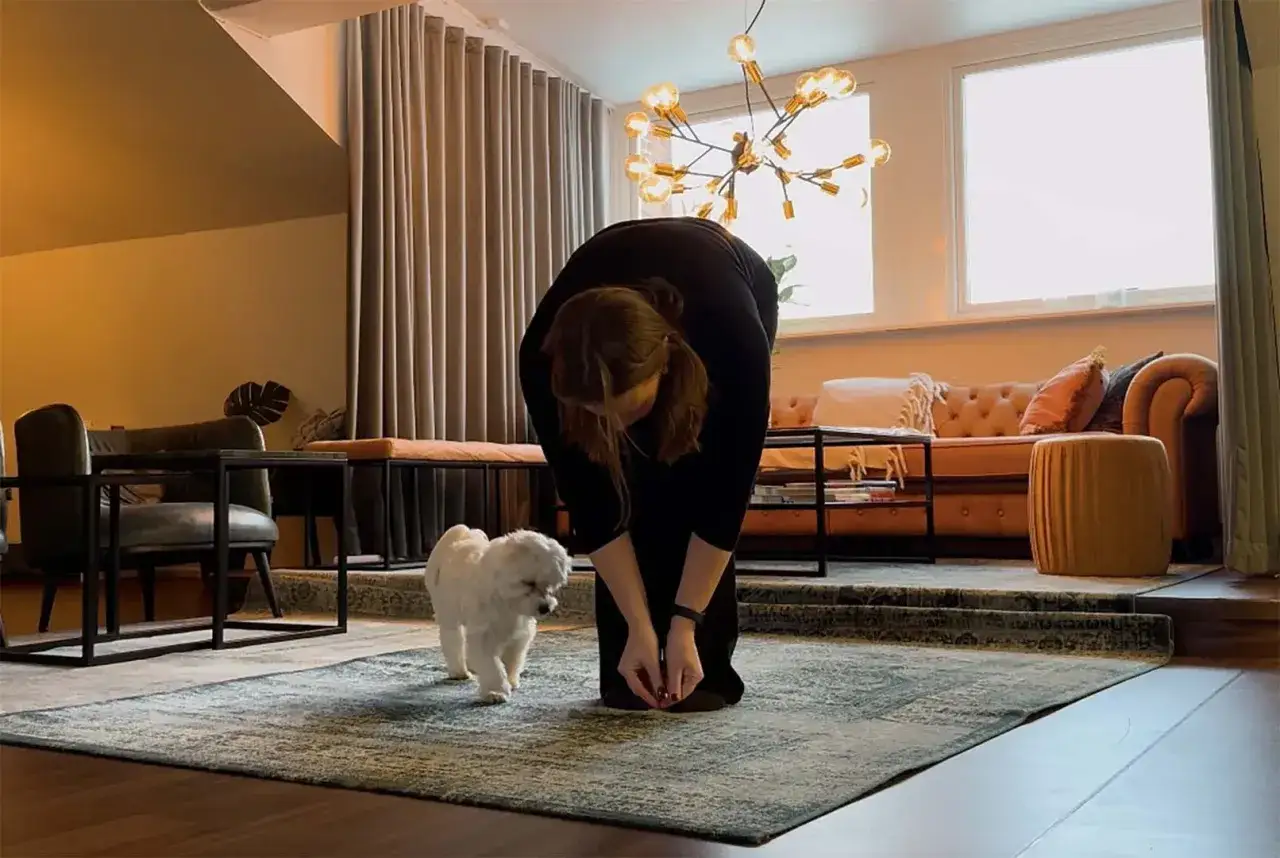 En person i svart kl&auml;nning b&ouml;jer sig ner mot en s&ouml;t, vit valp p&aring; 6 m&aring;nader. De &auml;r i ett modernt vardagsrum med en soffa och en taklampa.